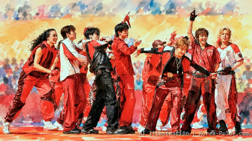 BTS at the 2026 World Cup Final: Why “Dynamite” Hit Differently at an Airport Gate 2 BTS performing Dynamite in a watercolor illustration of the 2026 World Cup Final halftime show
