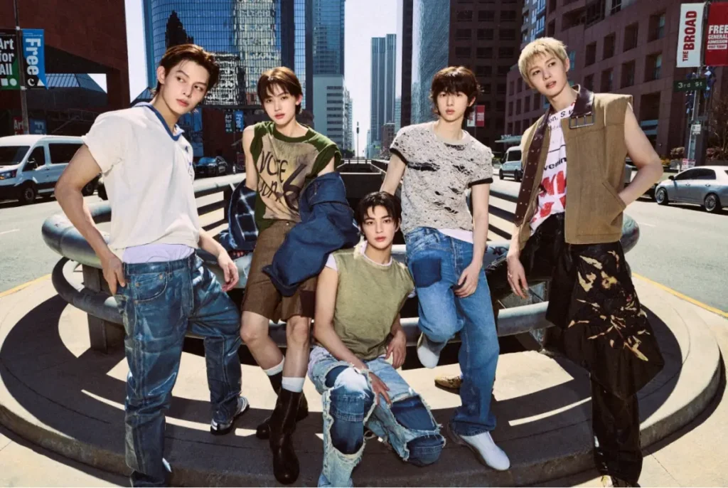 CORTIS Red Red era promotional photo of all five members in downtown Los Angeles