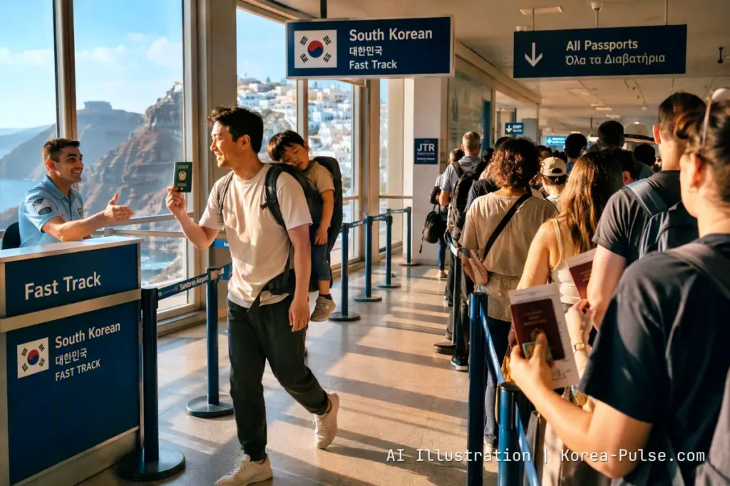 Korea Visa Free 2026: 112 Countries, My Santorini Story, e-Arrival Card Guide 1 Korea Visa Free 2026 fast-track passport line at Santorini airport
