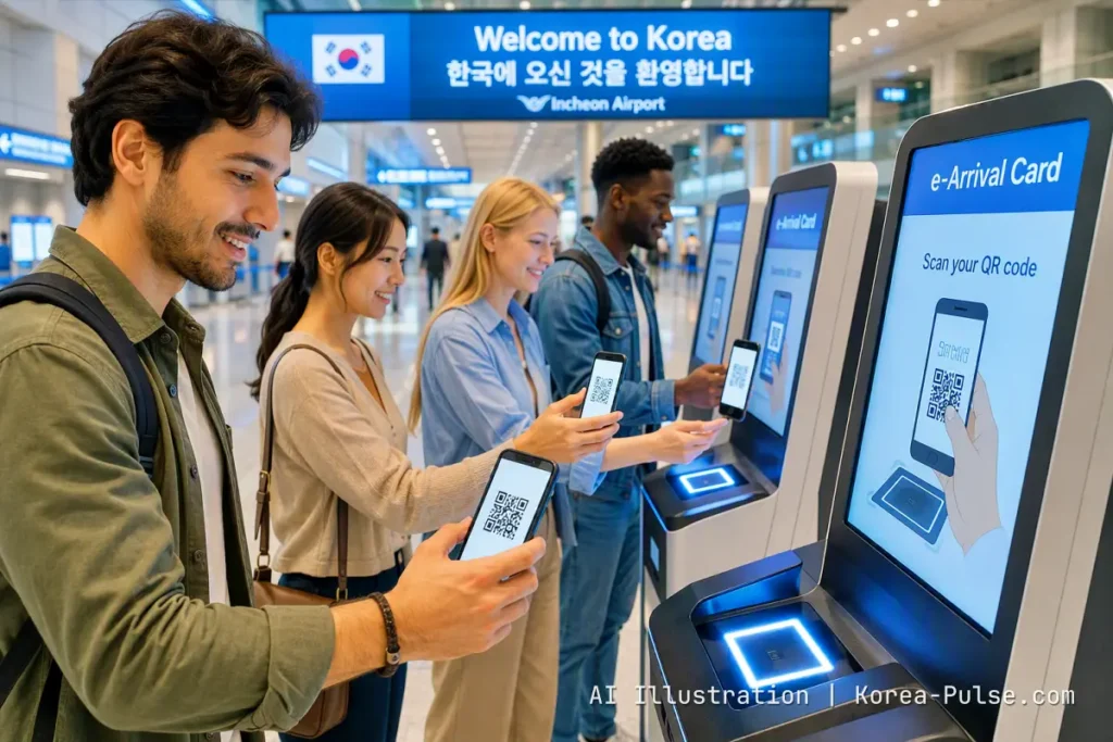 Korea Visa Free 2026: 112 Countries, My Santorini Story, e-Arrival Card Guide 3 Korea Visa Free 2026 travelers scanning e-Arrival Card QR code at Incheon Airport