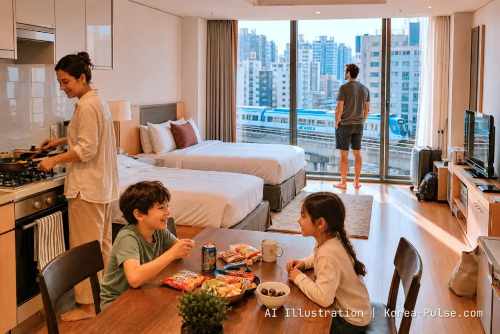 Korea Visa Free 2026: 112 Countries, My Santorini Story, e-Arrival Card Guide 4 Korea Visa Free 2026 family enjoying a serviced residence stay near Seoul